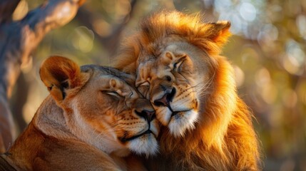 Lion and Lioness Cuddling in the Golden Hour