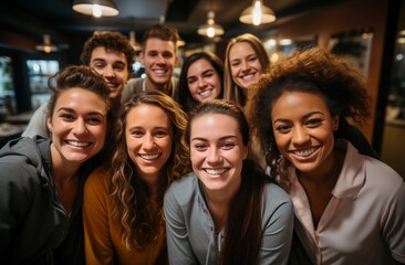 Obraz premium Diverse group of young professionals smiling and taking a selfie in an office setting, symbolizing employee community and team building.Labor Day, part-time, happy, hard-working, active