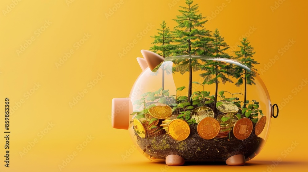 Wall mural Piggy bank filled with gold coins and small trees sprouting from holes, on a single-color orange background, emphasizing sustainable savings