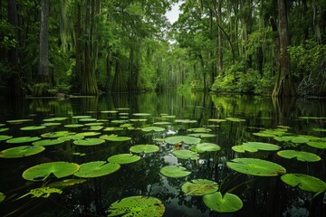 Serene Cypress Swamp with Lily Pads