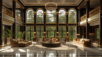 Obraz premium Gigantic luxury mansion interior, black and white color scheme with gold accents, grand double height living room, baroque chandelier above large circular table in the center of the space, elegant lou