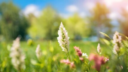 Fototapeta premium Defocused Beautiful Blurred Spring Grass Background. Made with Generative AI Technology