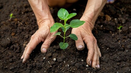 Hands planting a green seedling in rich soil, emphasizing the importance of protecting and nurturing nature
