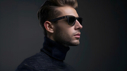 Fashion shot Handsome young man in a dark gray turtleneck and modern black sunglasses Mens accessories optics Studio portrait : Generative AI