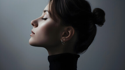 Art portrait woman in black turtleneck Hair high beam perfect profile face Elegant beauty style Earrings in the ears : Generative AI