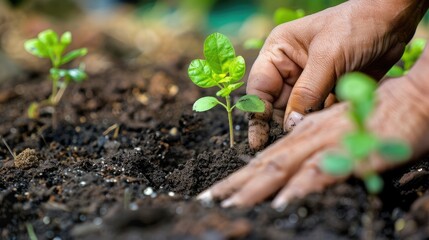 Hands carefully planting a seedling in the soil, a meaningful gesture for protecting and supporting the environment.