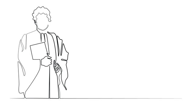 recommend clip art: line art drawing of judge standing with law book.one line vector illustration.isolated white background