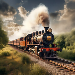 Naklejka premium Vintage steam locomotive on the railway at sunset. 3d render