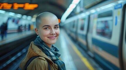An alopecia patient is smiling on the subway tube train station platform. She is smiling while listening to music as she loses her hair as a result 