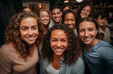 Obraz premium Smiling multiethnic group of colleagues taking a selfie in a modern office setting,Labor Day, holidays, party events, part-time jobs, hard work, positivity, friendships