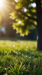 Naklejka premium Defocused Natural Background of Vibrant Green Grass. Made with Generative AI Technology