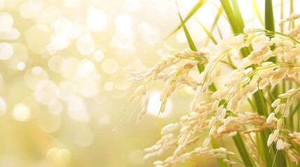 White rice and paddy rice with rice plant background.
