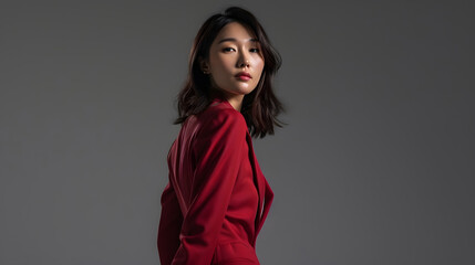 Naklejka premium brunette asian woman wearing red stylish blazer and trousers posing isolated on grey : Generative AI