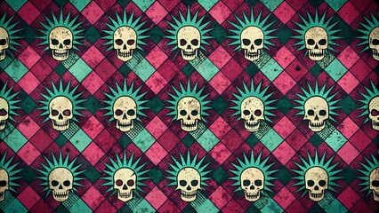 Punk Skull Pattern on Red and Green Diamond Pattern