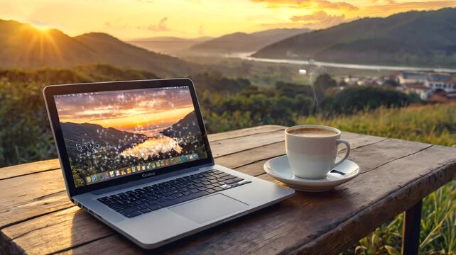 A cup of coffee with a laptop on table with beautifull background sunset view