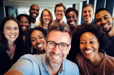 Smiling and diverse office team taking a selfie, showcasing unity among different ages and skin tones.Labor Day, holidays, party events, part-time jobs, hard work, positivity, camaraderie, diversity