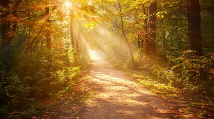 A road in a forest with leaves on the ground and a sun shining on it