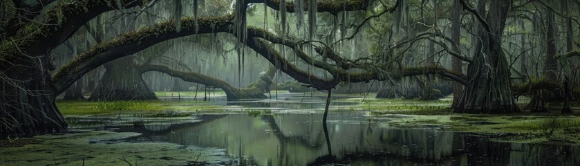 A lush green forest with a large tree branch hanging over a body of water