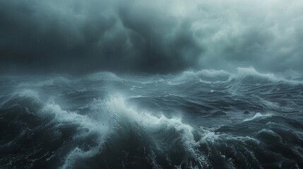 The ocean is rough and choppy, with dark clouds looming overhead