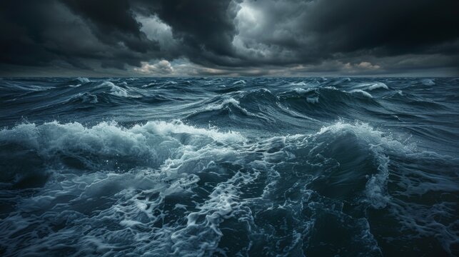 The ocean is rough and choppy, with dark clouds looming overhead