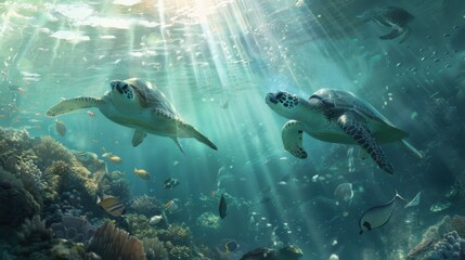 Naklejka premium Sea Turtles Swimming in Sunlit Ocean