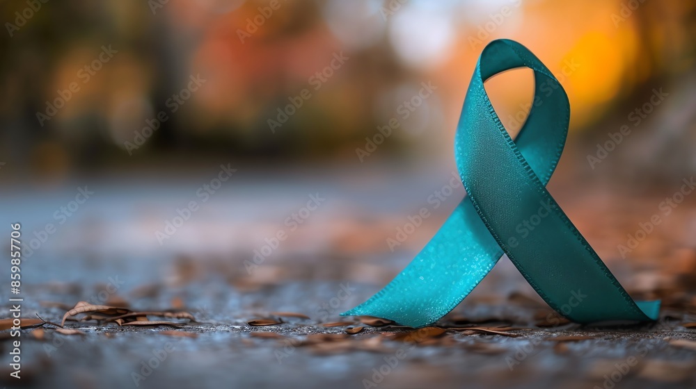 Wall mural Teal awareness ribbon on ground with blurred background.