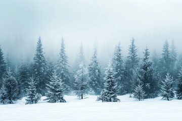 A serene winter wallpaper featuring a snow-covered forest with tall, frost-laden trees and a soft, overcast sky