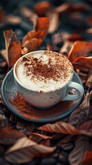 A cup of aromatic coffee with milk foam, decorated with cocoa powder in the shape of a leaf.