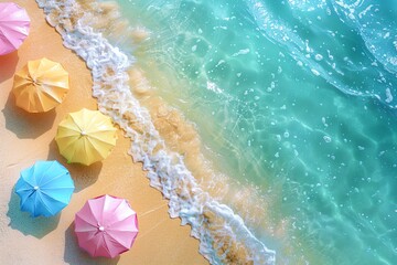 Naklejka premium A vibrant summer wallpaper featuring a sunny beach scene with turquoise water, golden sand, and colorful beach umbrellas
