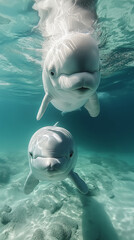 cute baby Beluga whale with mom