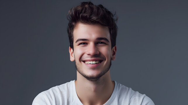 Young handome man smiling over gray background : Generative AI
