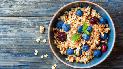 Breakfast yogurt bowl with granola, blueberries and maple syrup, gray background, top view, copy space. Healthy food concept.