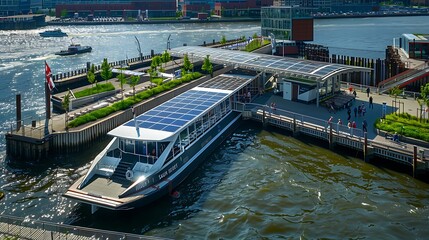 Fototapeta premium Sustainable Transportation: Electric Ferry Docking at Solar-Powered Terminal in Vibrant Harbor, Surrounded by Green Spaces