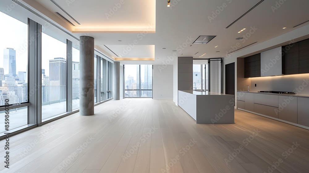 Wall mural a luxurious open-plan apartment with a minimalist design, featuring a spacious living area, a sleek 