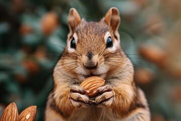 Obraz premium An intimate depiction of a Squirrel munching on almonds.