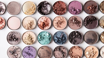 Fototapeta premium Variety of pre owned eye shadows in different hues displayed on white background Shot from above with empty space below Vertical image