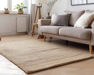 Beige wool rug in a cozy living room, minimalist decor, soft textures, contemporary home, stylish design, elegant look, modern interior, warm atmosphere.