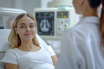 Woman receiving osteoporosis x-ray analysis with C Bone Densitometer Machine to assess bone density.