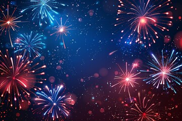 Naklejka premium Celebrate the Fourth of July with a spectacular display of fireworks on a vector backdrop, featuring a poster, banner, flyer, and template.