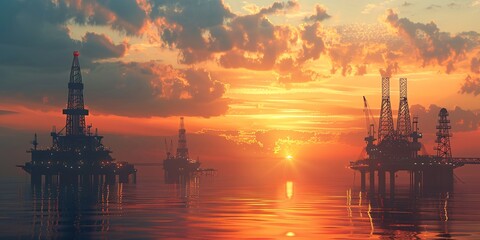 Naklejka premium Drilling platforms. Oil reserves. Crude oil output. Fuel facilities. Sunset oil rigs. Energy extraction site. 3d illustration.