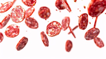 Fototapeta premium Pepperoni and sausage slices levitating on a blank white backdrop.