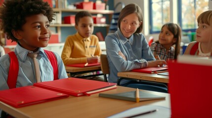Fototapeta premium Back to School: Children Sitting at Desks with Bright Red Notebooks, Teacher Engaging with Students, Modern Classroom Setting, Natural Light