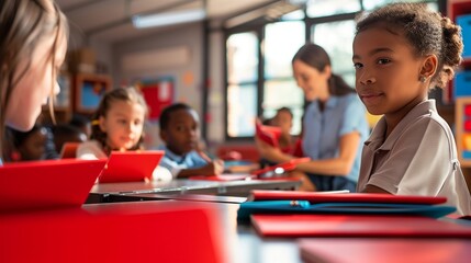 Back to School: Children Sitting at Desks with Bright Red Notebooks, Teacher Engaging with Students, Modern Classroom Setting, Natural Light