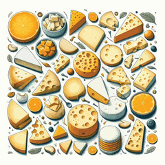 Attractive vector illustration of a collection of different pieces of cheese on a white background