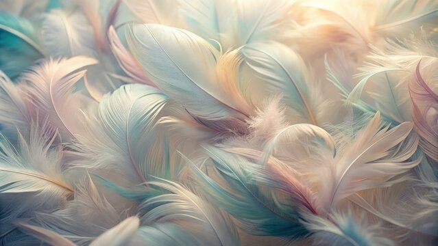Soft, delicate pastel-hued feathers unfold against a creamy white background, forming a dreamy, ethereal abstract texture that evokes whimsy and serenity.