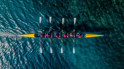 Rowing team sport competing in deep sea.