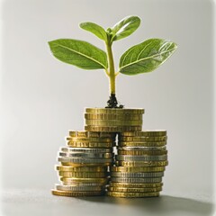 A stack of coins with a growing plant sprouting from
