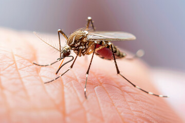 Dengue hemorrhagic fever, aedes mosquito sucking human blood on skin.