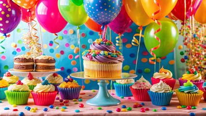 Vibrant colored balloons, streamers, and confetti scattered across a festive tablecloth surrounded by delicately decorated cupcakes and a majestic three-tiered cake as centerpiece.