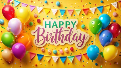 Vibrant yellow background adorned with colorful balloons, confetti, and a festive banner proudly proclaiming happy birthday in bold, playful lettering.
